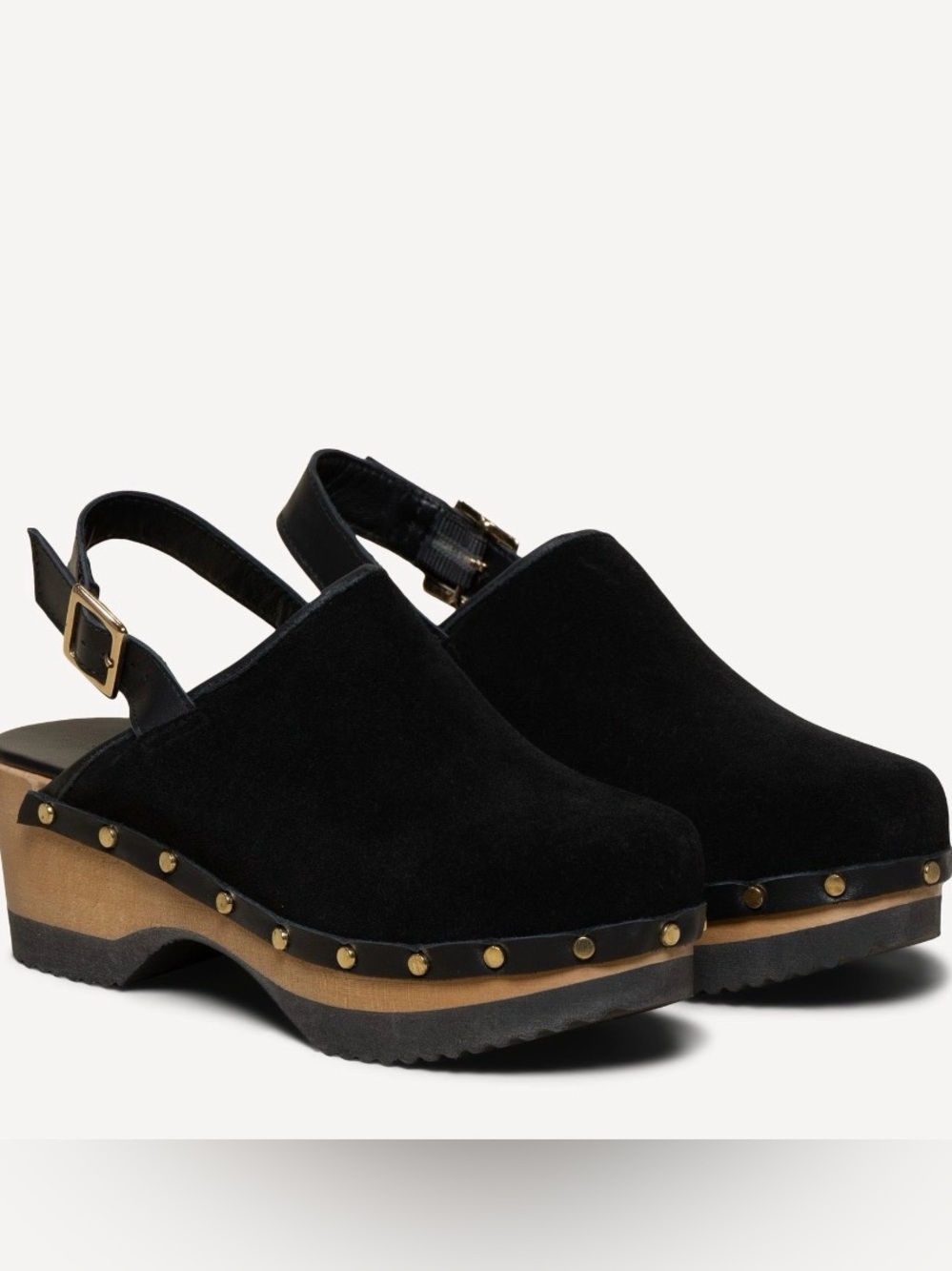 M. Gemi Black Suede Clogs with gold stud detail